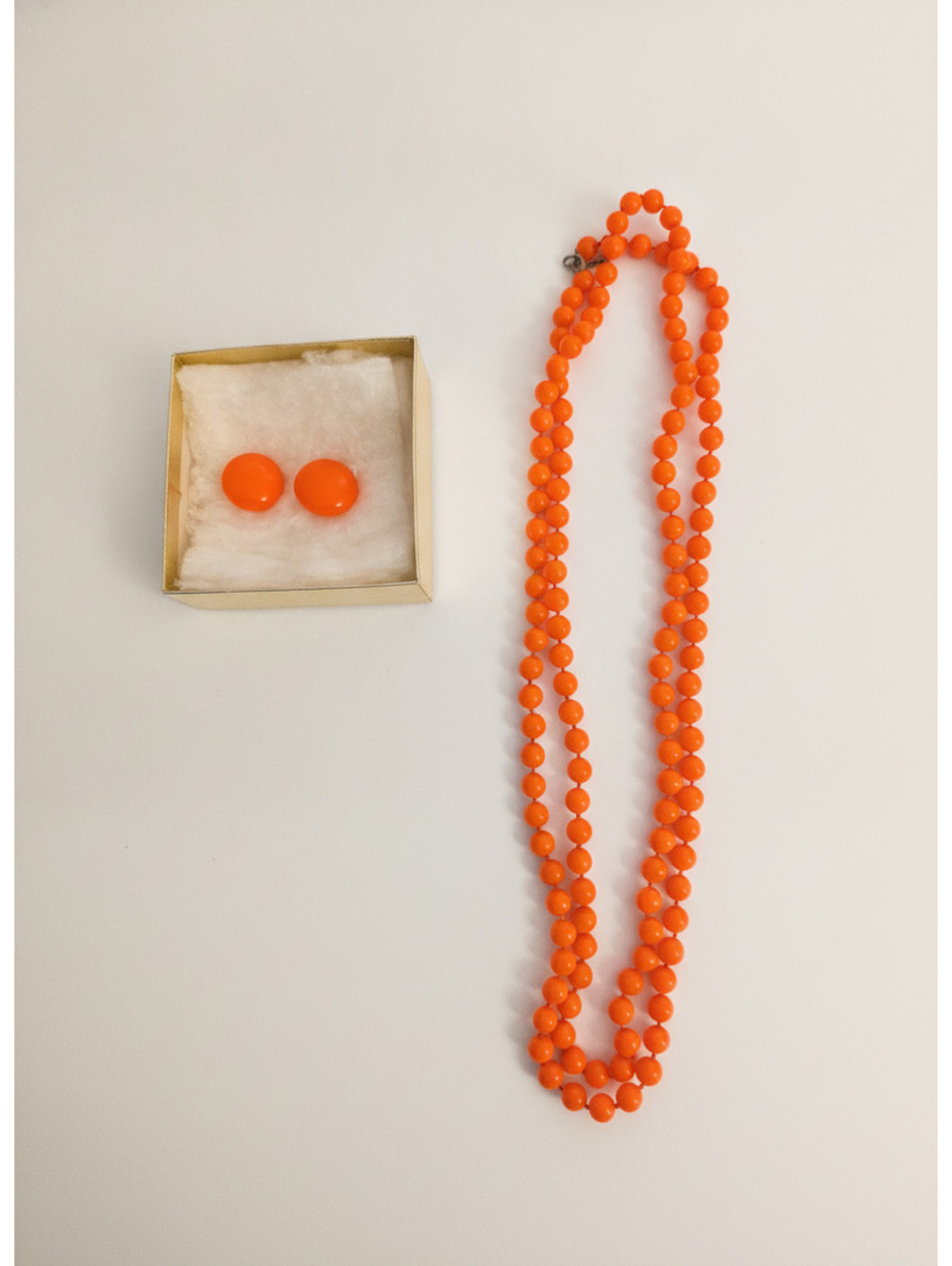 Vintage Orange Beaded Necklace and Clip-On Earrings Set